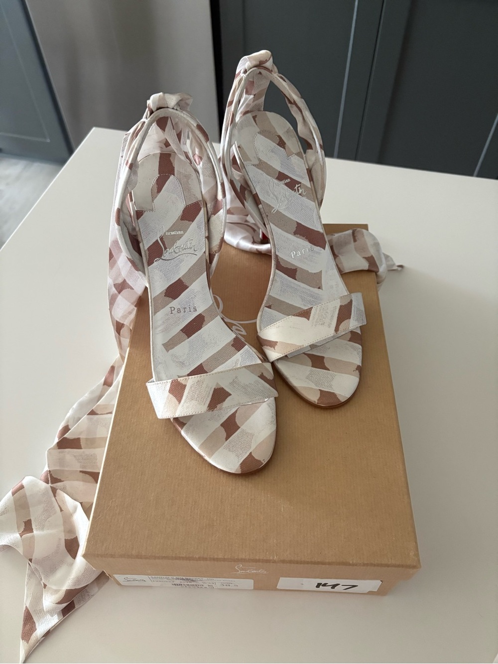 Christian Louboutin Beige and White Striped Wrap Heels